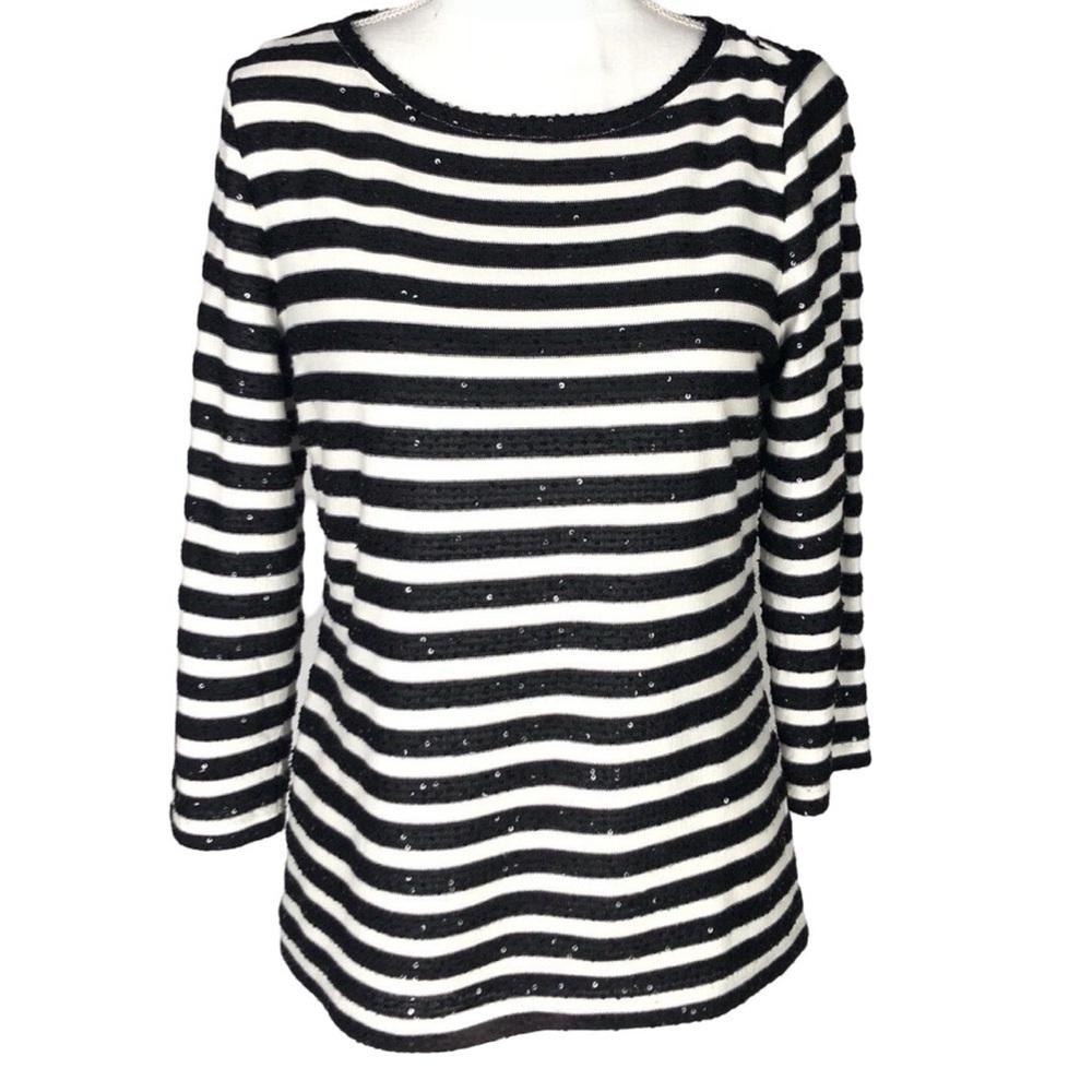 Talbots Women’s Striped Sequin Black White Sweater Size Medium Petite